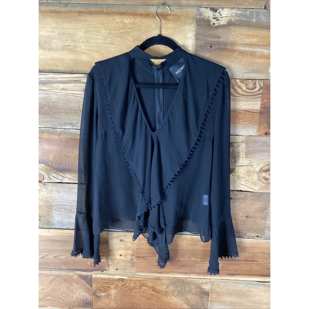 NICHOLAS Sheer Black 100% Silk Zip Back Blouse Bell Sleeve Shirt Top US (6) AUS